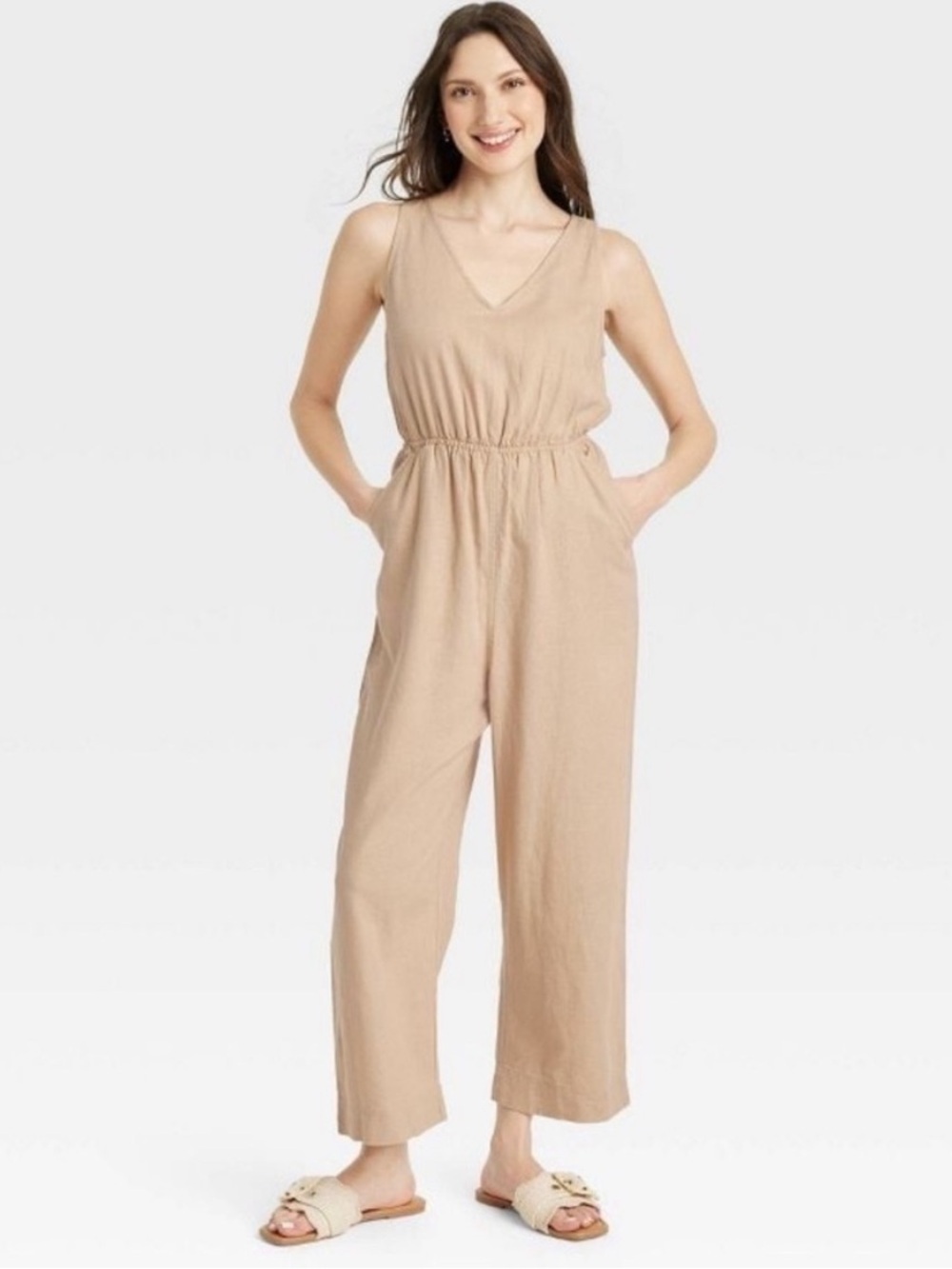 🌻NEW Universal Thread Linen Blend Sleeveless Open Back Jumpsuit Tan Size XXL